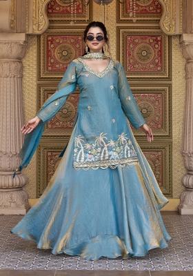 Royal Blue Embroidered Polyester Kurta Set