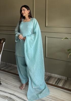 Sky Blue Embroidered Silk Kurta Set