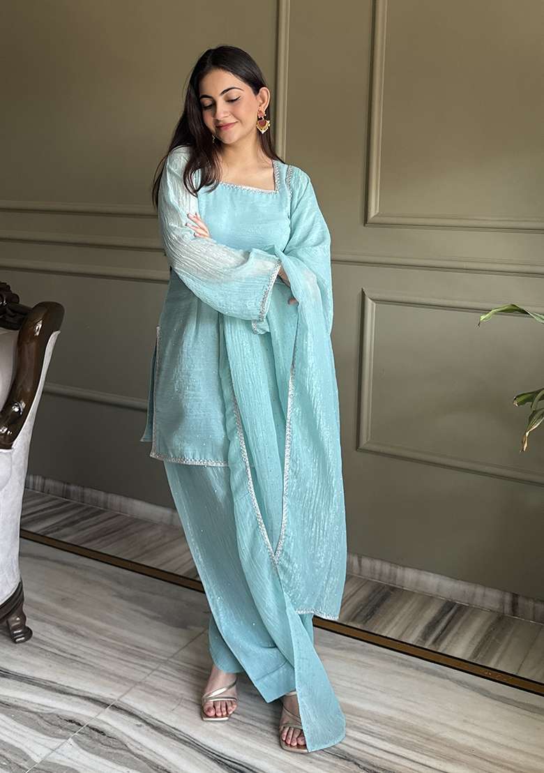 Sky Blue Embroidered Silk Kurta Set - Indya