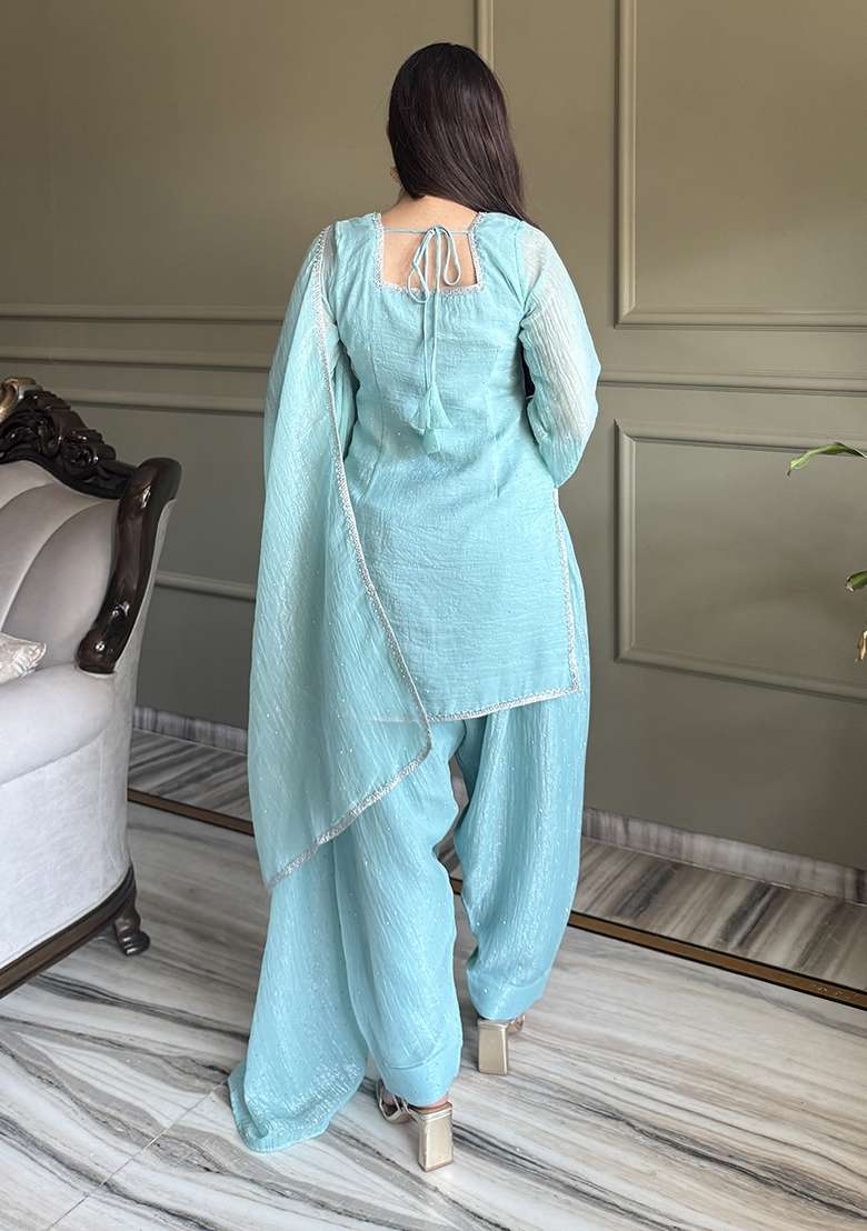 Sky Blue Embroidered Silk Kurta Set - Indya