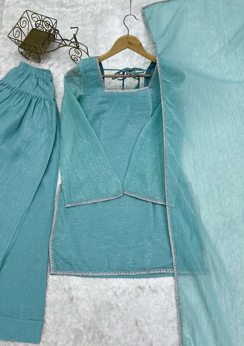 Sky Blue Embroidered Silk Kurta Set - Indya