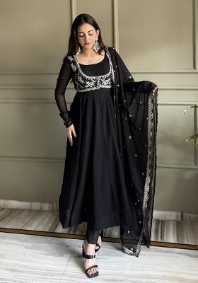 Black Embroidered Georgette Kurta Set