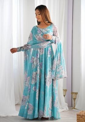 Sky Blue Embroidered Georgette Kurta With Dupatta