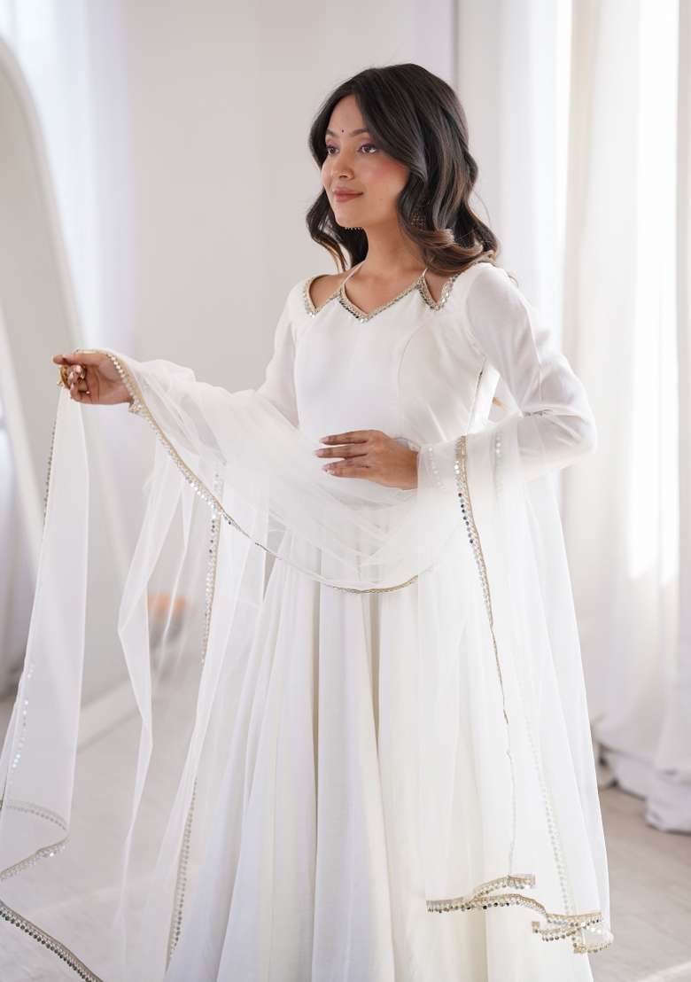 Off White Embroidered Silk Kurta Set - Indya