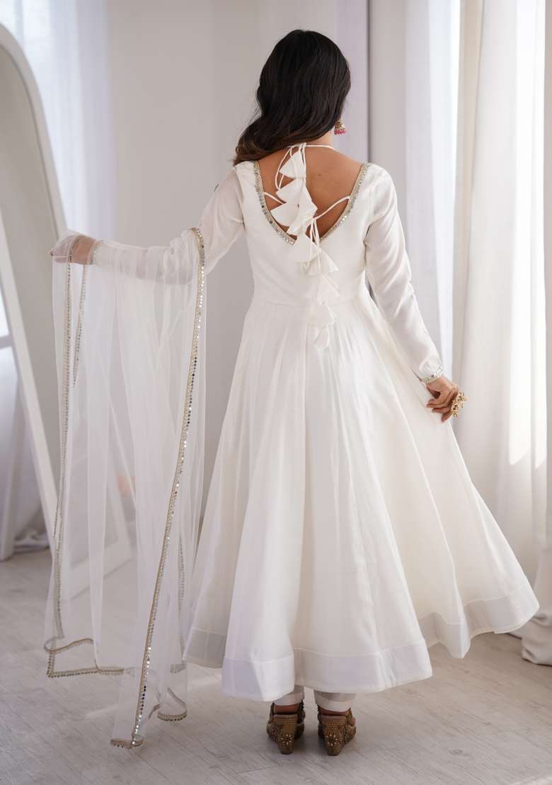 Off White Embroidered Silk Kurta Set - Indya