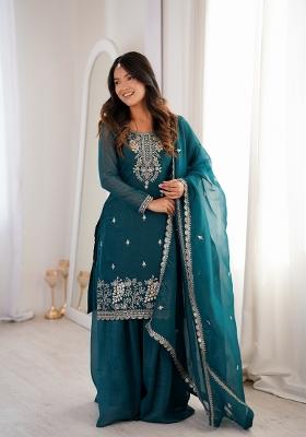 Teal Blue Embroidered Kurta Set