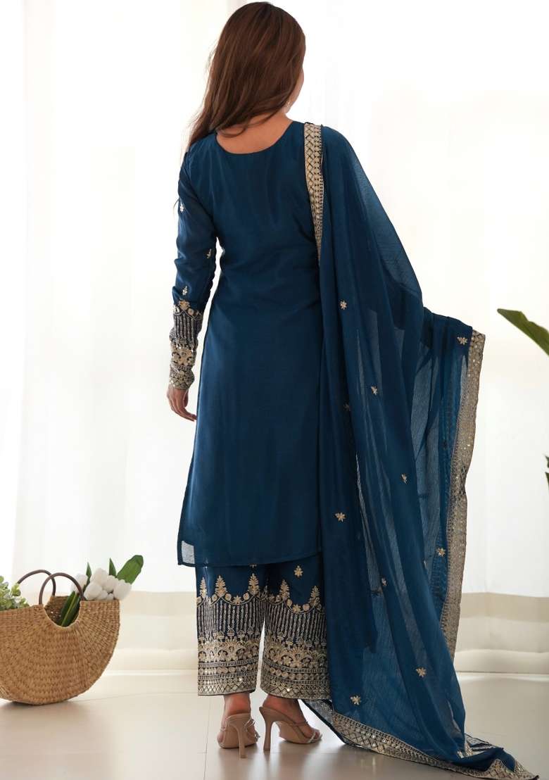 Blue Embroidered Chinon Kurta Set - Indya
