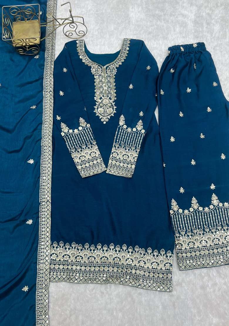 Blue Embroidered Chinon Kurta Set - Indya
