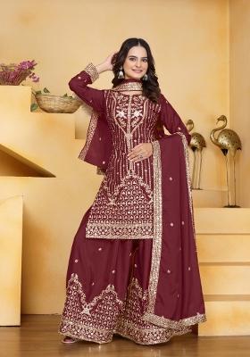 Maroon Embroidered Crepe Kurta Set
