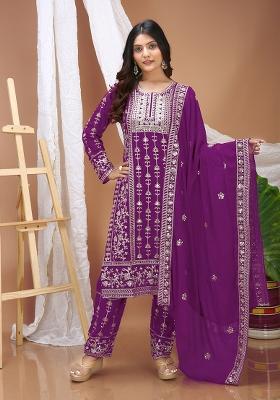 Wine Embroidered Georgette Kurta Set
