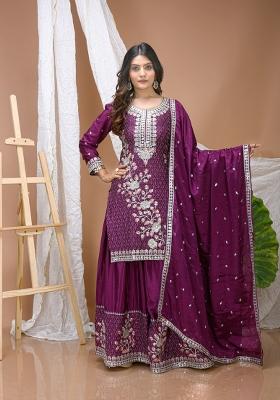 Wine Embroidered Chinon Kurta Set