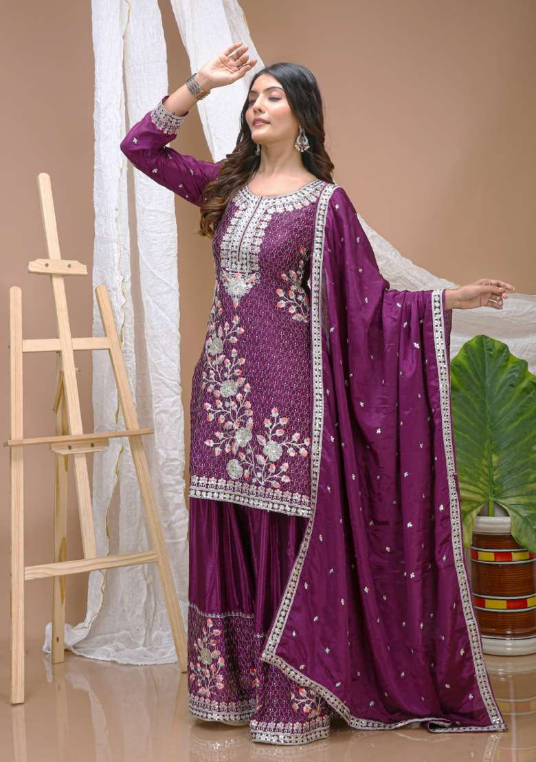 Wine Embroidered Chinon Kurta Set - Indya