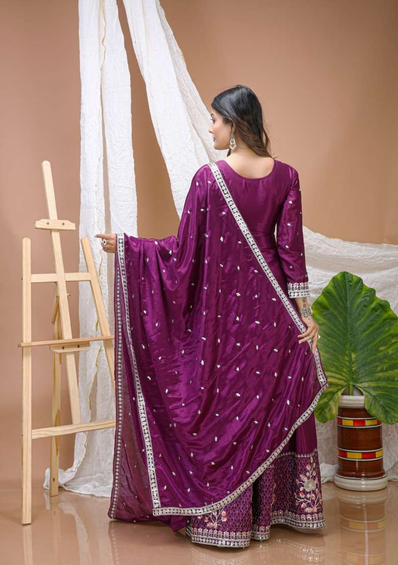 Wine Embroidered Chinon Kurta Set - Indya