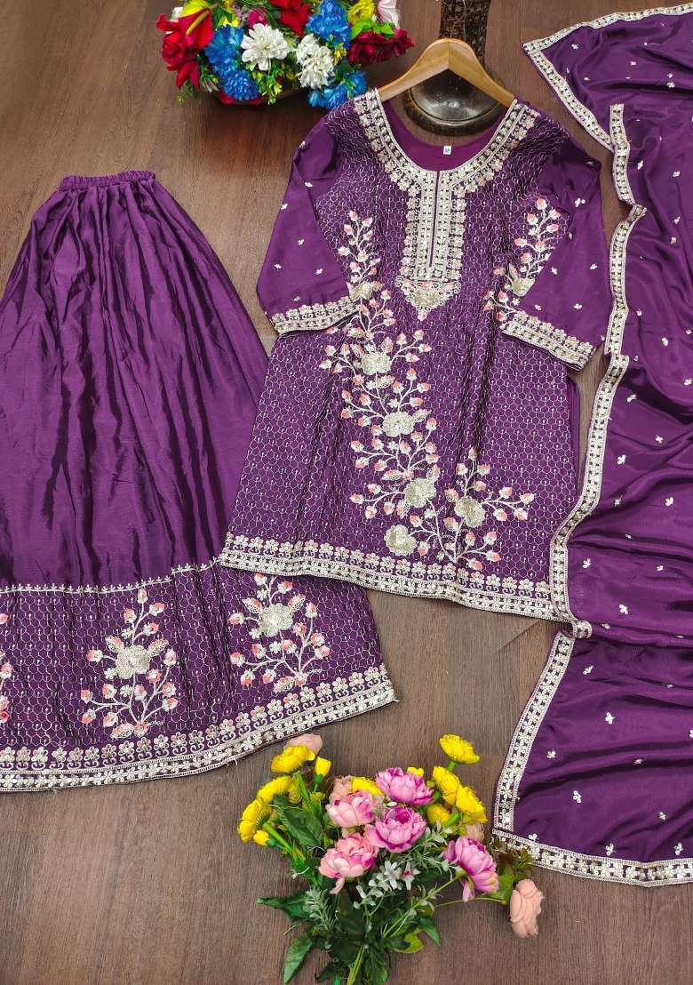 Wine Embroidered Chinon Kurta Set - Indya
