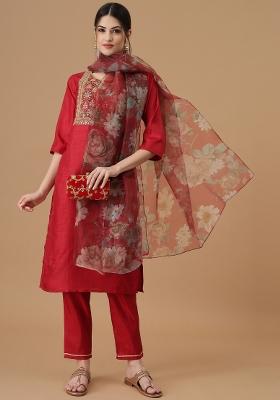 Red Embroidered Silk Kurta Set