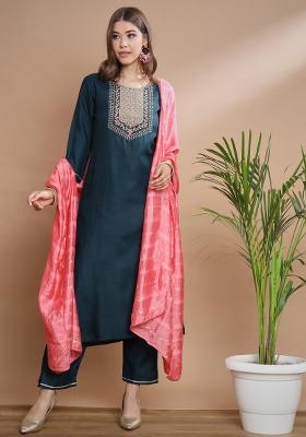 Teal Blue Embroidered Cotton Kurta Set