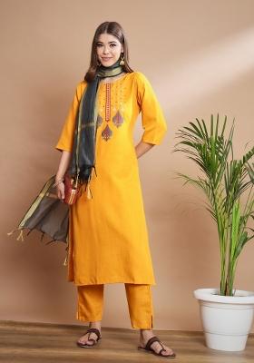 Yellow Embroidered Cotton Kurta Set