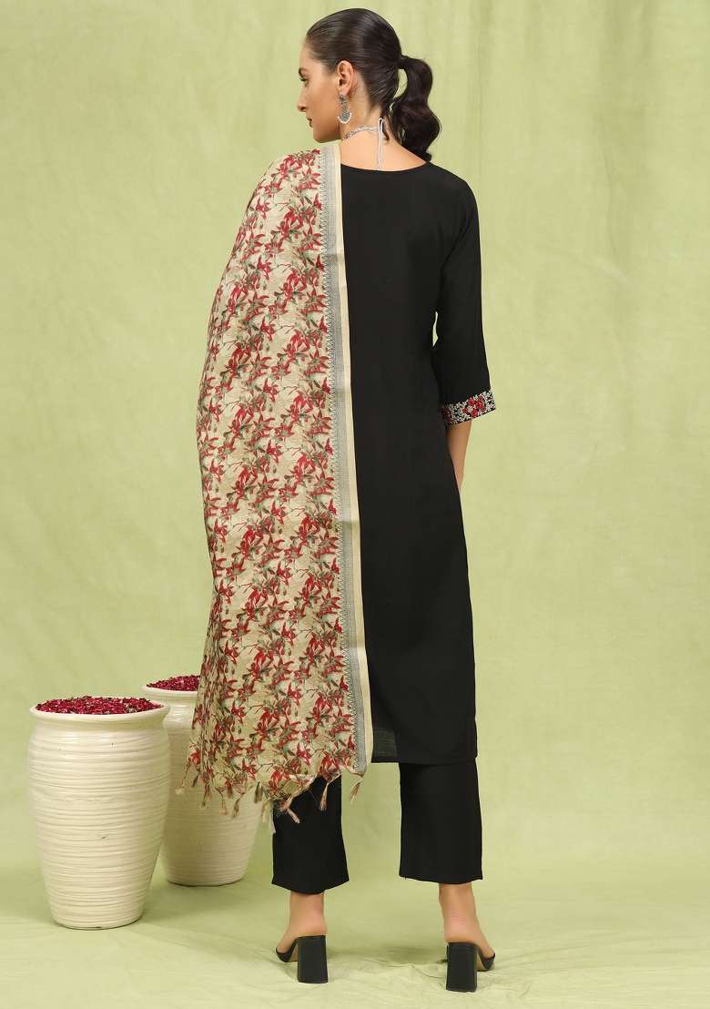 Black Embroidered Viscose Kurta Set - Indya