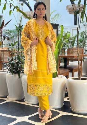 Yellow Embroidered Silk Kurta Set