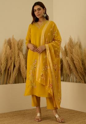 Mustard Embroidered Silk Kurta Set