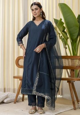 Teal Embroidered Silk Kurta Set