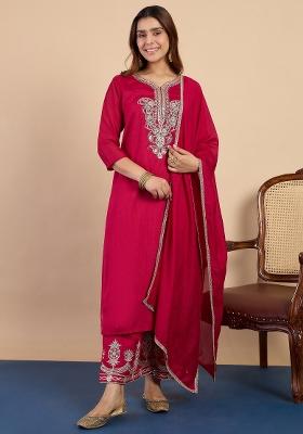 Rani Pink Embroidered Silk Kurta Set