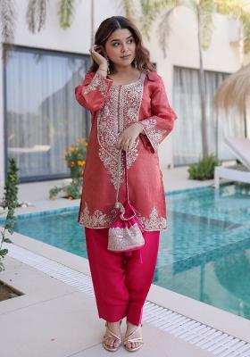 Pink Embroidered Viscose Kurta Set
