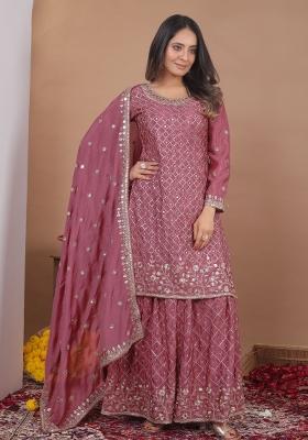 Pink Embroidered Chinon Kurta Set