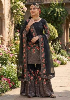 Black Embroidered Silk Kurta Set