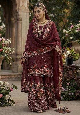 Maroon Embroidered Silk Kurta Set