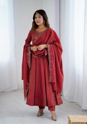 Maroon Embroidered Silk Kurta Set