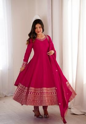 Rani Pink Embroidered Vichitra Kurta Set