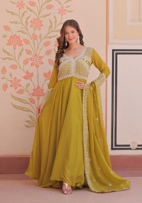Parrot Green Embroidered Georgette Kurta With Dupatta