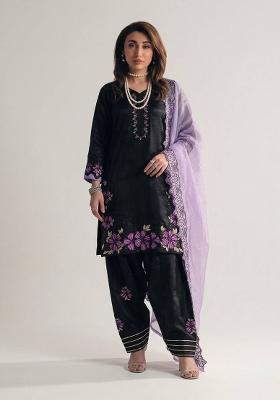 Black Embroidered Silk Kurta Set