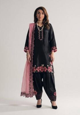 Black Embroidered Silk Kurta Set