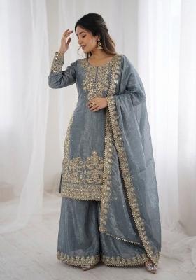 Grey Embroidered Silk Kurta Set