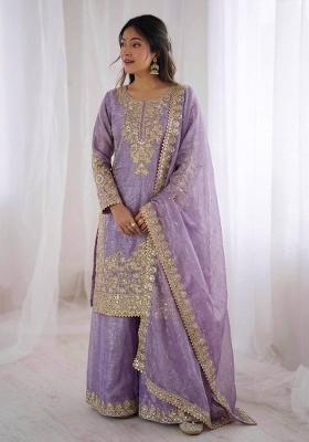 Lavender Embroidered Silk Kurta Set