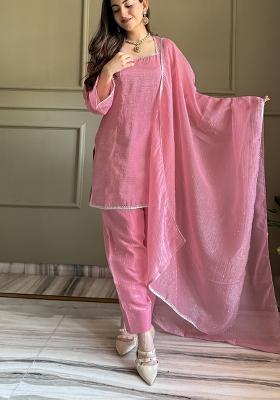 Pink Embroidered Silk Kurta Set