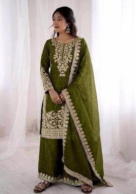 Mehendi Embroidered Silk Kurta Set