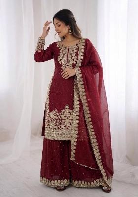 Maroon Embroidered Silk Kurta Set