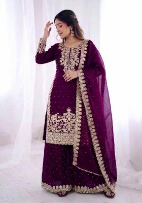 Wine Embroidered Silk Kurta Set