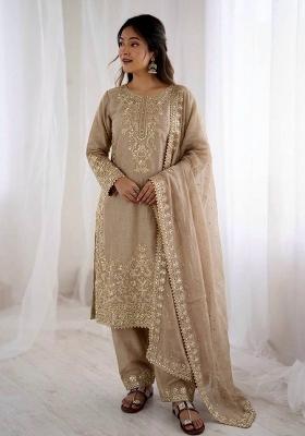 Cream Embroidered Silk Kurta Set