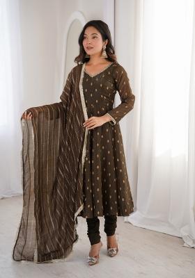 Brown Embroidered Silk Kurta Set