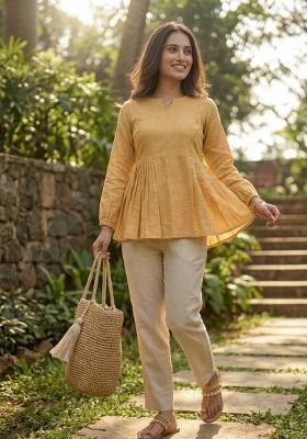 Yellow Embroidered Linen Kurta Set