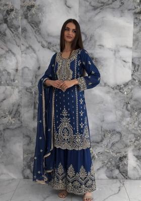 Blue Embroidered Chinon Kurta Set