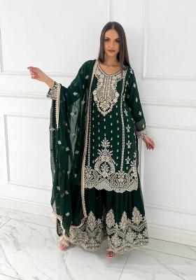 Green Embroidered Chinon Kurta Set
