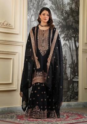 Black Embroidered Silk Kurta Set