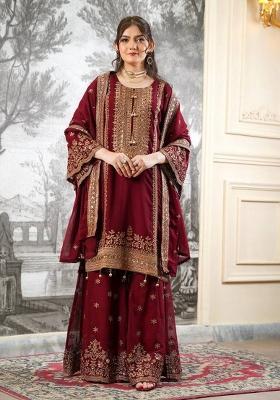 Maroon Embroidered Silk Kurta Set