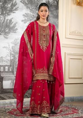 Rani Pink Embroidered Silk Kurta Set