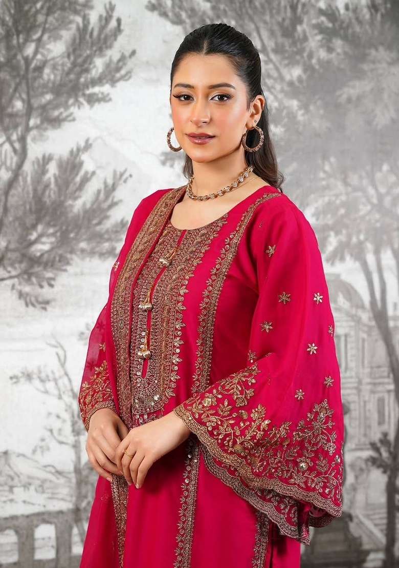 Rani Pink Embroidered Silk Kurta Set - Indya